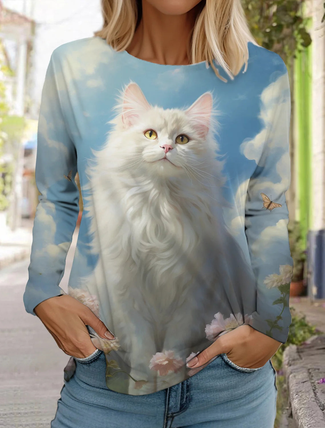 Long Sleeve 3D Printed Kitten Cute Print T-Shirt Women's Streetwear Round Neck Long Sleeve