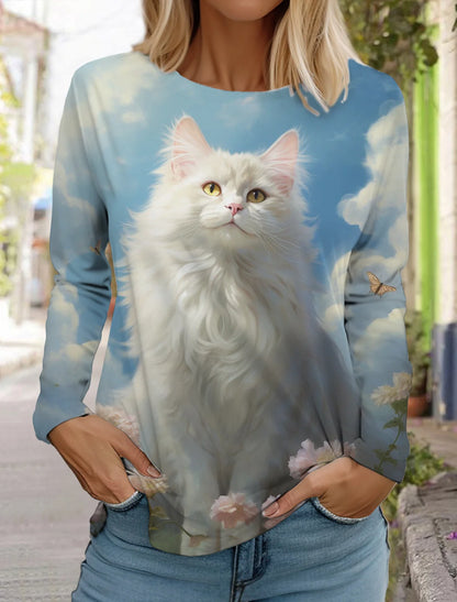 Long Sleeve 3D Printed Kitten Cute Print T-Shirt Women's Streetwear Round Neck Long Sleeve