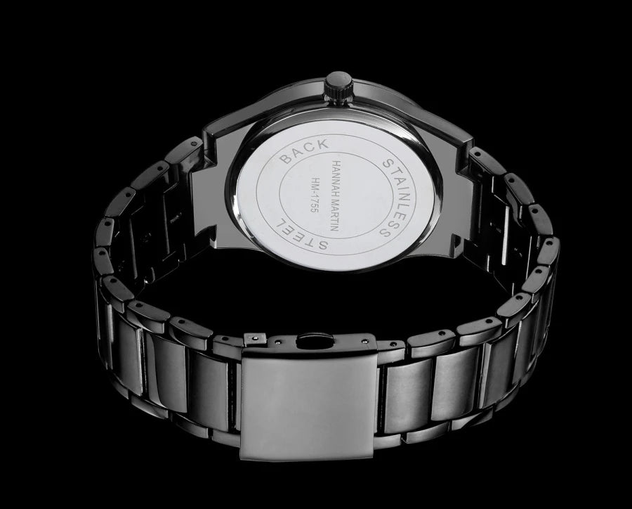 Hannah Martin Men's Stainless Steel Watch Fashion Business Style Black Minimalist Style 3Bar Waterproof Quartz Movement Watches