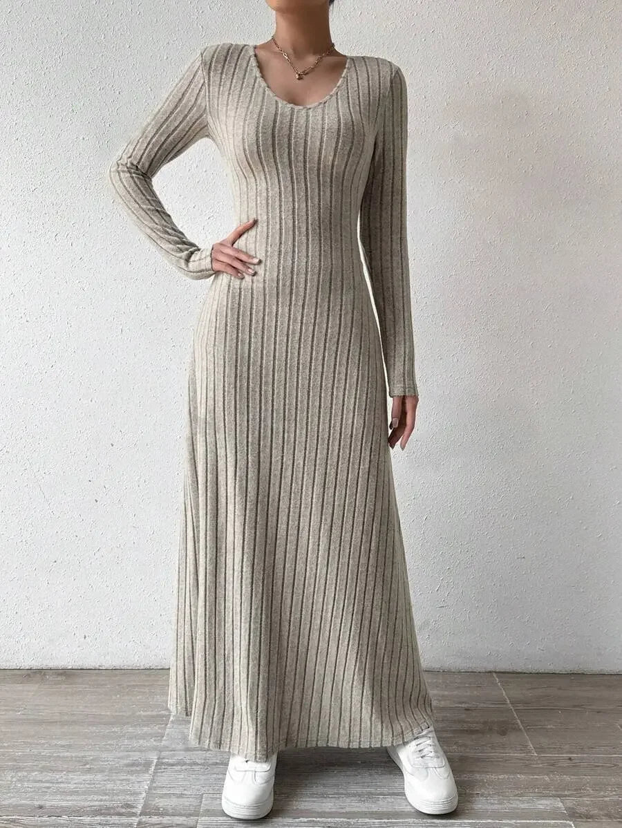 Long Sleeve A- Line Streetwear Dress For Women Smooths And Slims Your Silhouette Solid Color Long Dress