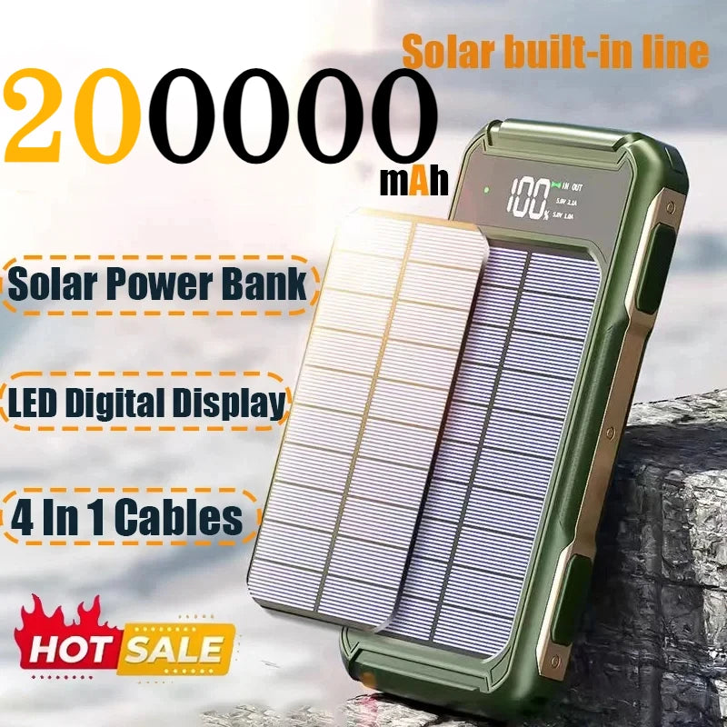200000mAh Large Capacity Solar Power Bank 4 in 1 Built in Cable  Fast Charging Digital Display Battery LED Light For iPhone NEW