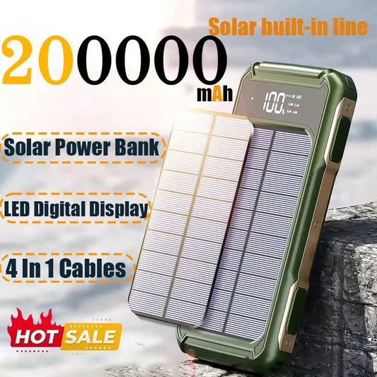 200000mAh Large Capacity Solar Power Bank 4 in 1 Built in Cable  Fast Charging Digital Display Battery LED Light For iPhone NEW