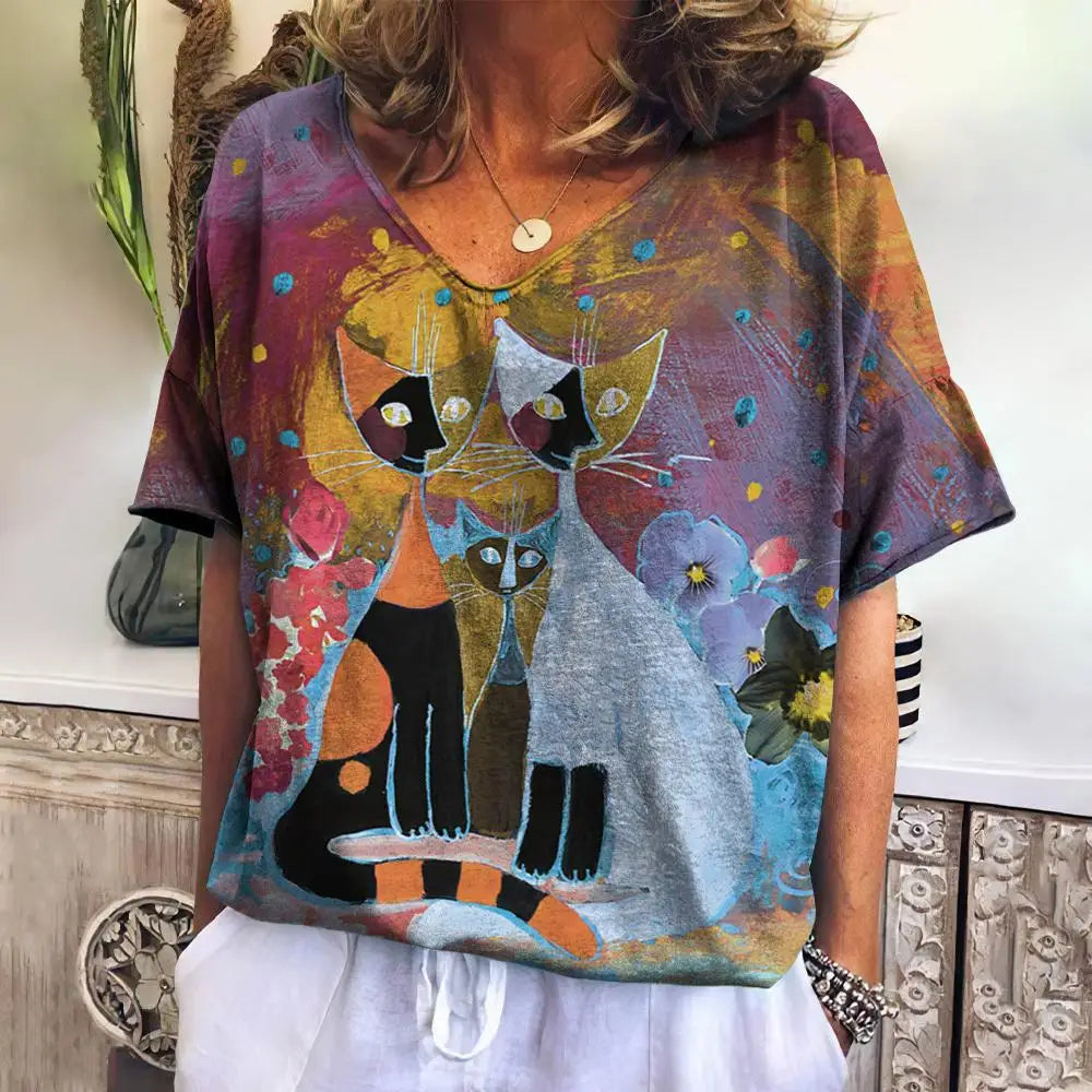 Women T Shirts Cartoon Cat Graphic Girls Clothing Large Size V Neck Short Sleeve Tee Summer Fashion Casual Female Clothing