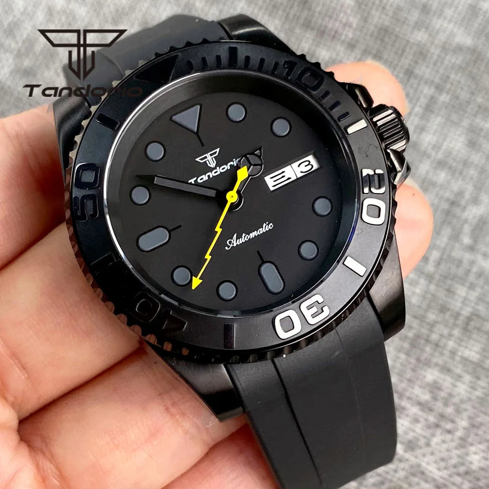 Tandorio NH36A Black PVD 40mm Automatic Men's Watch Week Date Display Rotating Bezel Sapphire Glass Yellow Flash Second Rubber