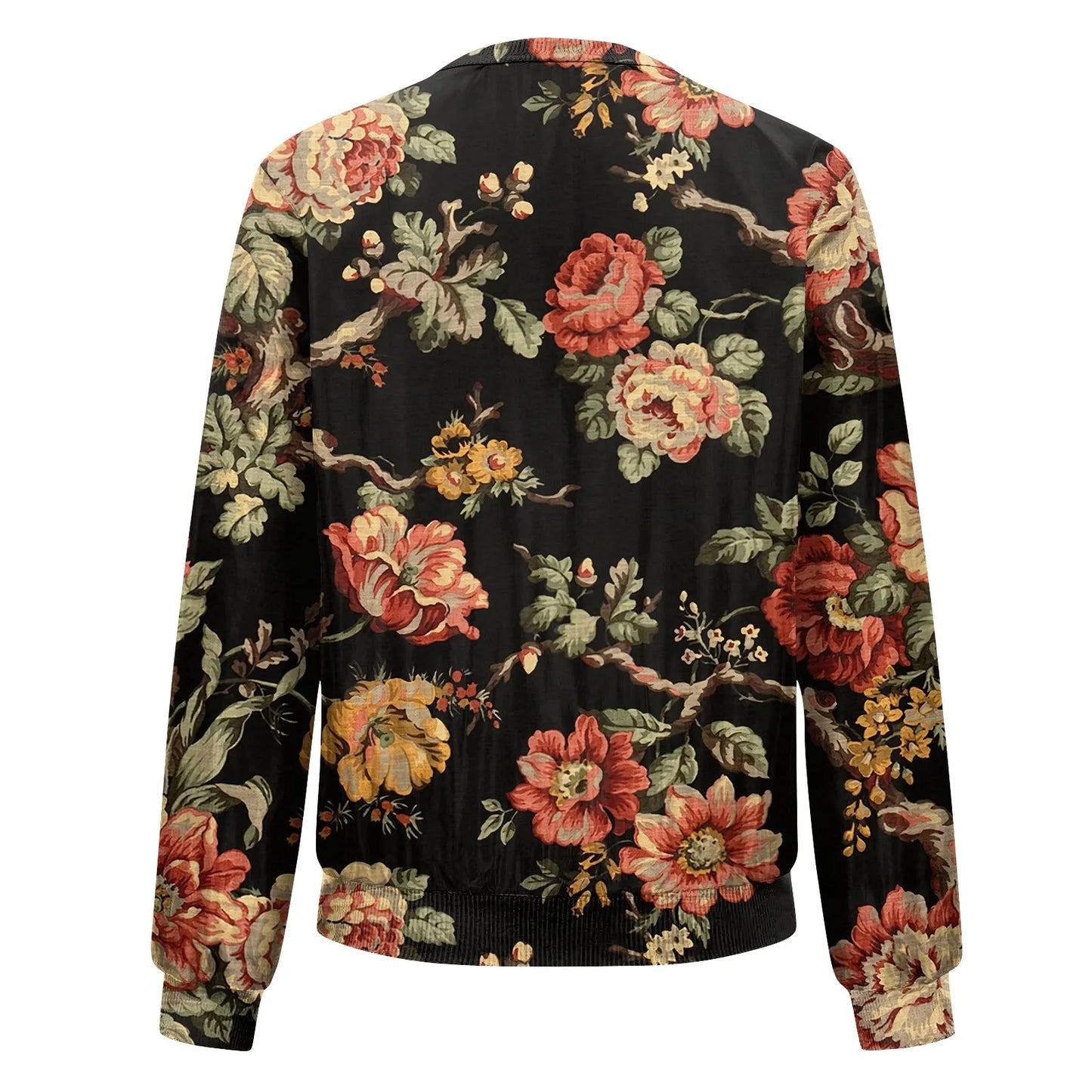 Women Elegant Zipper Bomber Jackets Spring Autumn Floral Printed Jackets Casual Coat Retro Outwear  Round Neck Zipper Jackets