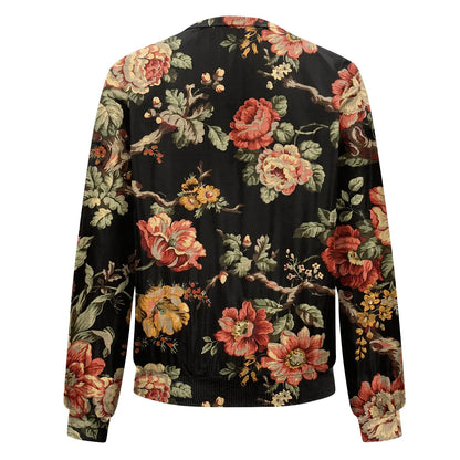 Women Elegant Zipper Bomber Jackets Spring Autumn Floral Printed Jackets Casual Coat Retro Outwear  Round Neck Zipper Jackets