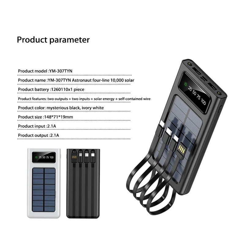 Solar Power Bank 500000mAh Large Capacity Mobile Power Fast Charging Battery With Dual USB 4 Cables For iPhone Samsung