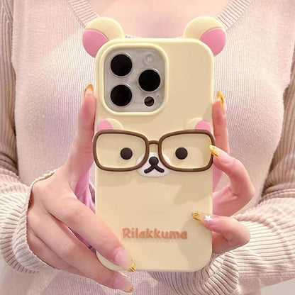 For iPhone 17 16 15 Pro Max 14 Plus 13 12 11 7 8 SE 4 4S 5 5S Cute Glasses Bear Silicone Soft Phone Case Cover