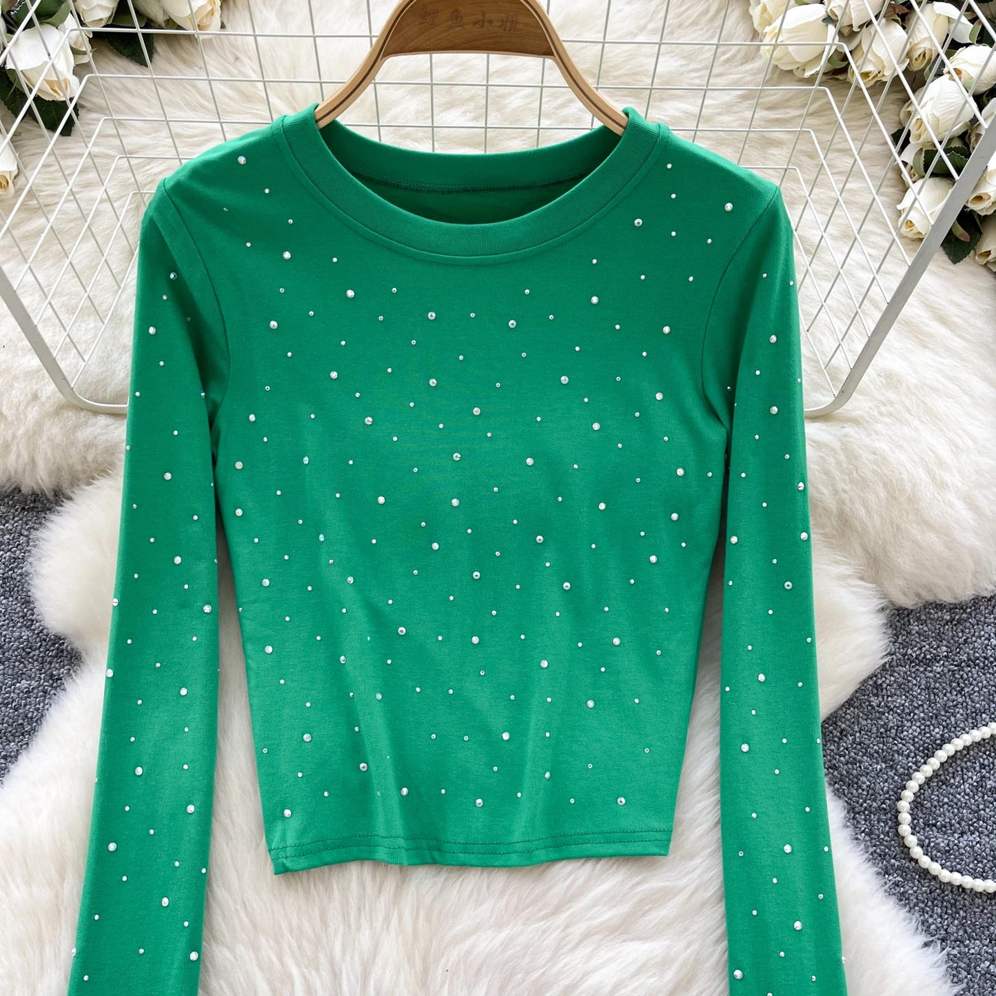 Long Sleeves Hotsweet O-neck Fashion Rhinestone Slim Top French Streetwear Sexy High Street Autumn Winter Women T-Shirts