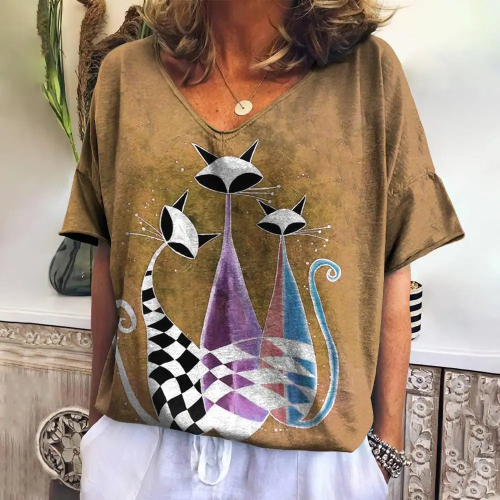 Women T Shirts Cartoon Cat Graphic Girls Clothing Large Size V Neck Short Sleeve Tee Summer Fashion Casual Female Clothing