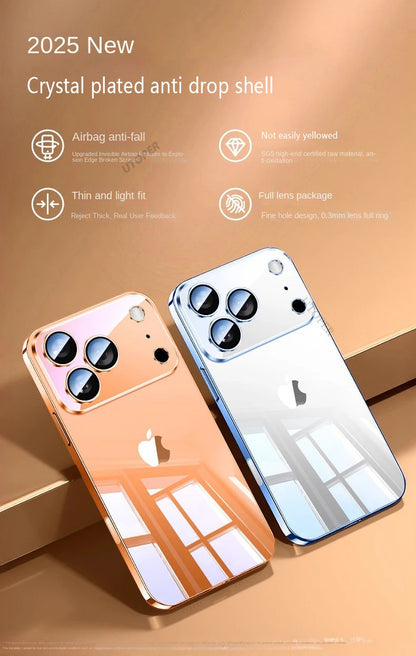 Plating Transparent with Lens Film Case for iPhone 17 Air 17 16 15 14 13 12 11 Pro Max Plus Anti-fall Damping Cover