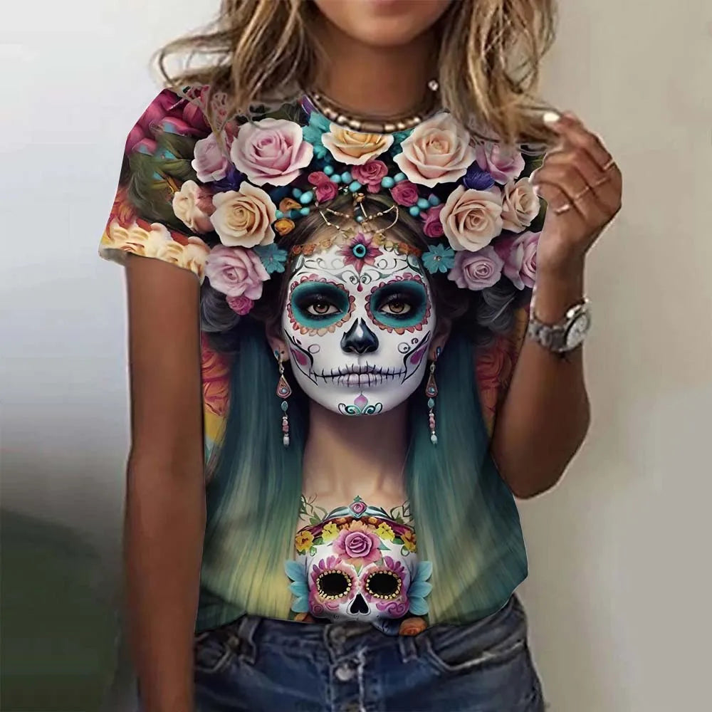T-shirt for Girls Summer Short Sleeve Casual Sexy Girls Clothes Horror Undead Skull Pattern oversized T-shirts