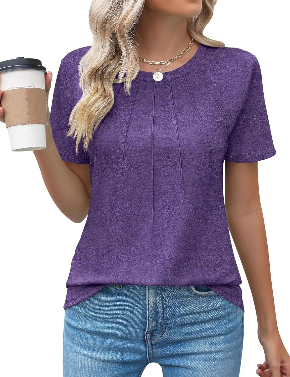 Womens Casual Crew Neck Short Sleeve Pleated Tops Blouses Fashion Clothes