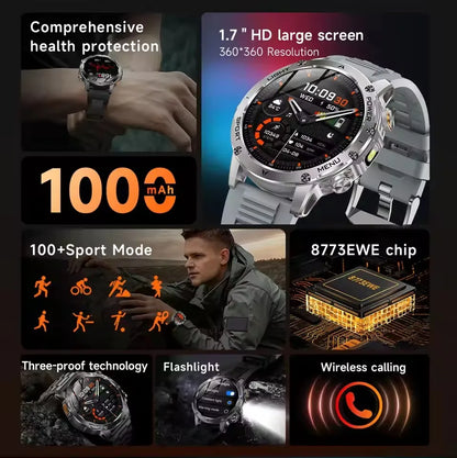 T-REX3 1000mAh Big Battery Smart Watch HD Bluetooth Call 1.7inch Large Sceen LED Flashlight Sports Waterproof Smartwatch Men