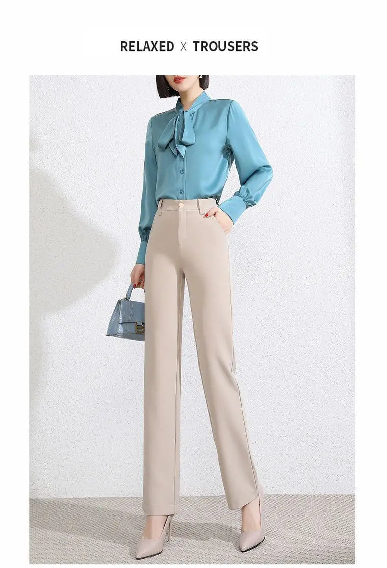Office Lady Fashion Solid Loose Straight Pants All-match Button Zipper Women Spring Autumn High Waist Pockets Pencil Trousers