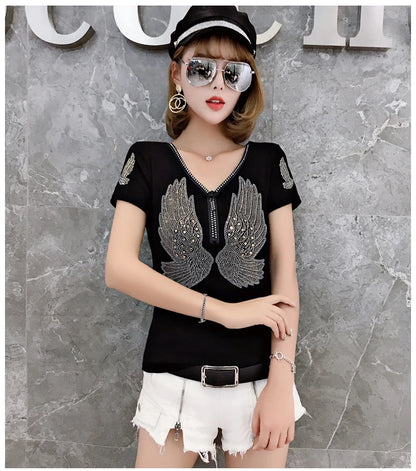 T-shirt For Summer Short Sleeve Pulovers Clothes Casual Aesthetic Cotton Tops Sexy V Neck Zipper Diamonds Tees