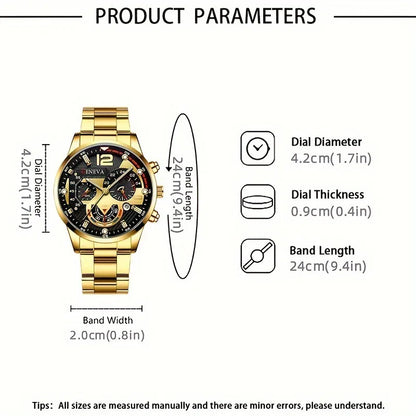 Luxury Men Business Quartz Watches 4pcs Set Gold Alloy Roman with Calendar Wrist Watch Cross Necklace Bracelet Ring Set Men Gift