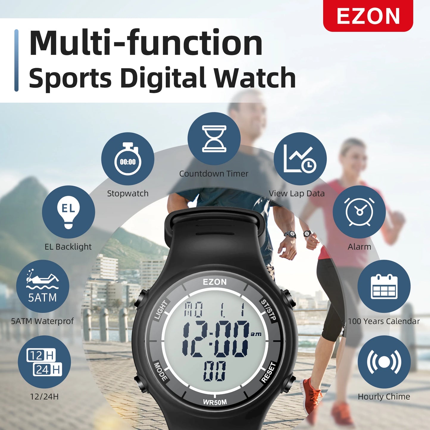 EZON Digital Sports Watch L008D, Waterproof Sports watch with Interval Timer/Chronograph/Lap Timing/Alarm for Men and Women