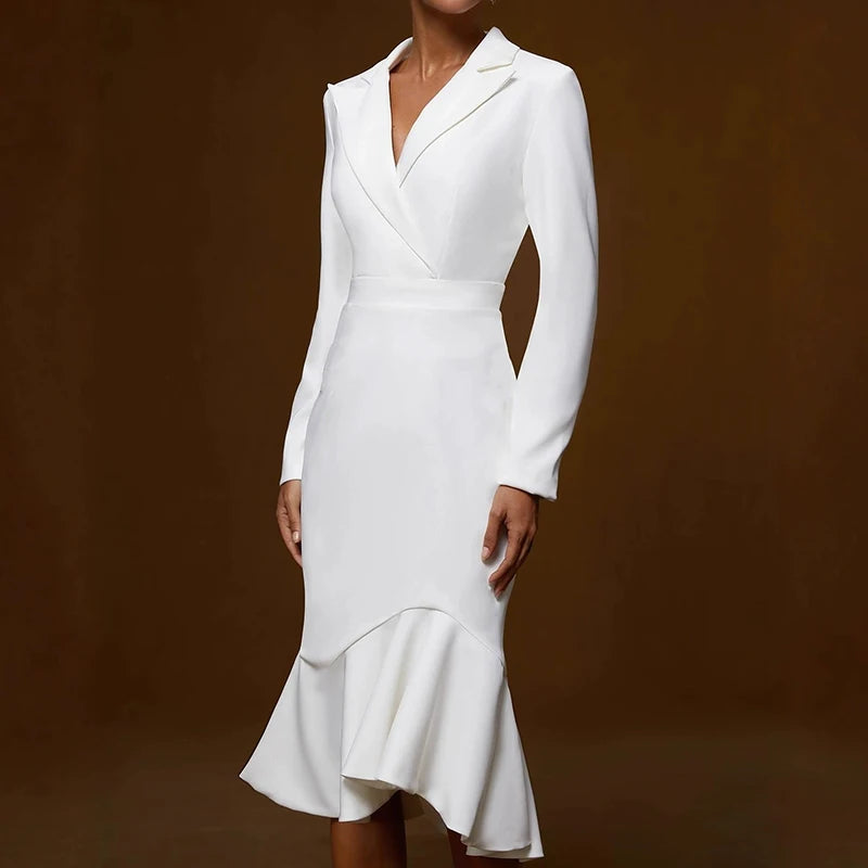 Lapel V-neck Fishtail Dress For Women Fashion Commute Hight Waist Solid Long Dress Casual Long Sleeve Ruffle Party Dress