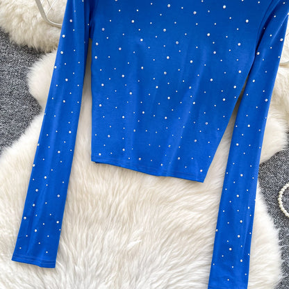 Long Sleeves Hotsweet O-neck Fashion Rhinestone Slim Top French Streetwear Sexy High Street Autumn Winter Women T-Shirts