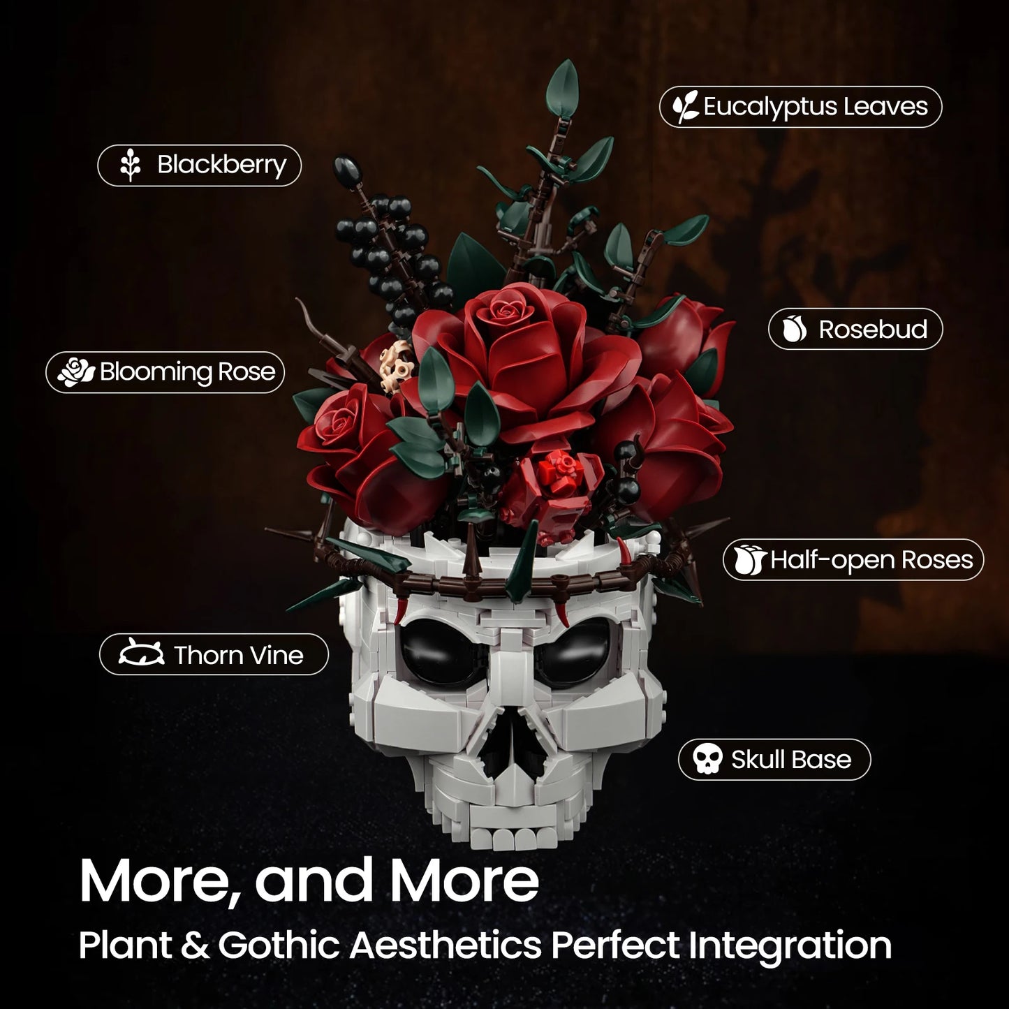 SupreOwls Skull Flowers Building Blocks Set Gothic Roses Bouquet Toy Skeleton Planter Pot Floral Decor Halloween Gifts for Adult