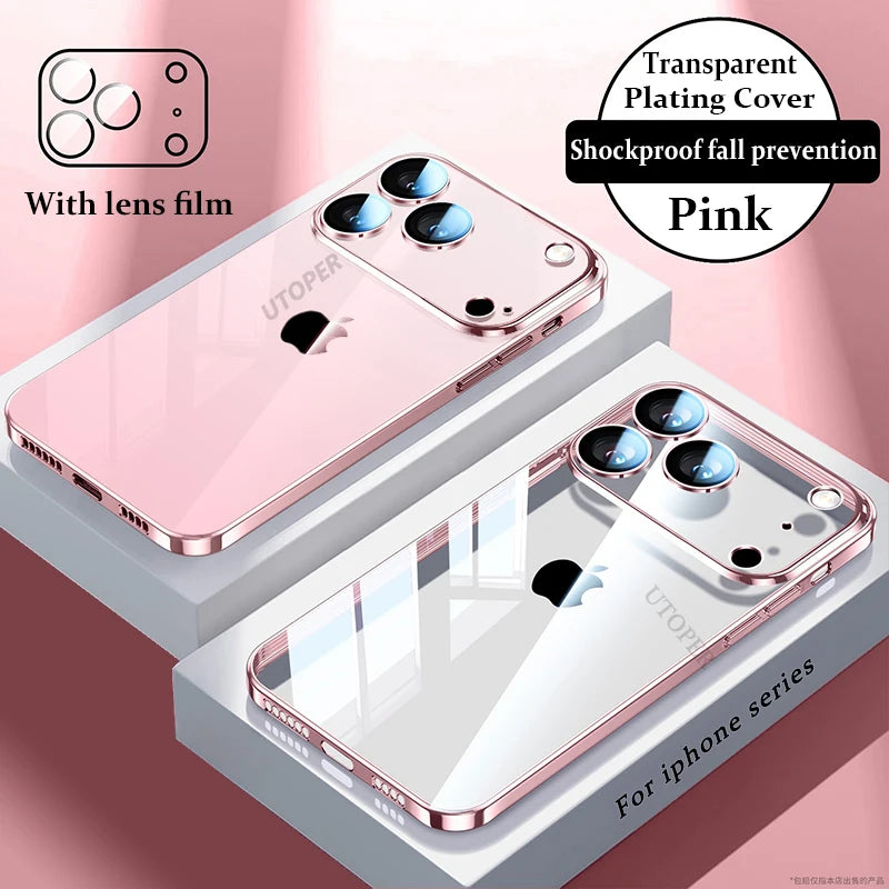 Plating Transparent with Lens Film Case for iPhone 17 Air 17 16 15 14 13 12 11 Pro Max Plus Anti-fall Damping Cover