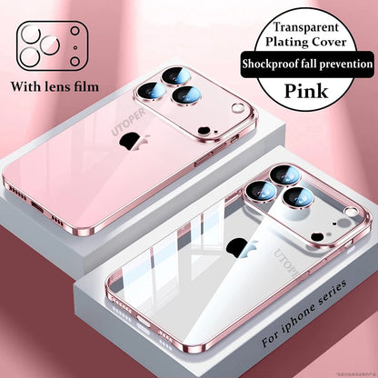 Plating Transparent with Lens Film Case for iPhone 17 Air 17 16 15 14 13 12 11 Pro Max Plus Anti-fall Damping Cover