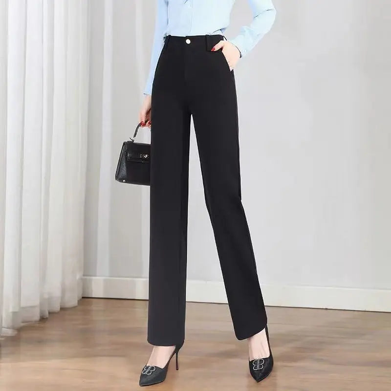 Office Lady Fashion Solid Loose Straight Pants All-match Button Zipper Women Spring Autumn High Waist Pockets Pencil Trousers