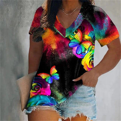 T Shirts 3d Butterfly Print Short Sleeve V-neck Tops Tees Summer Fashion Casual Gradient Girls Oversized Pullover