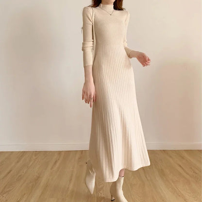 Slim Long Sleeve Party Midi Dress for Women Knitted Half High Collar Elegant Knitted Sweater Dresses Ladies
