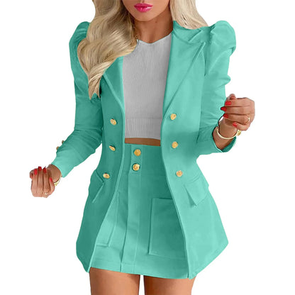 Long Sleeve Two Breasted Skirt Set Solid Color Jacket And Floral Skirt Two Piece Outfit Business Casual Elegant Sets