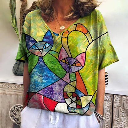 Women T Shirts Cartoon Cat Graphic Girls Clothing Large Size V Neck Short Sleeve Tee Summer Fashion Casual Female Clothing