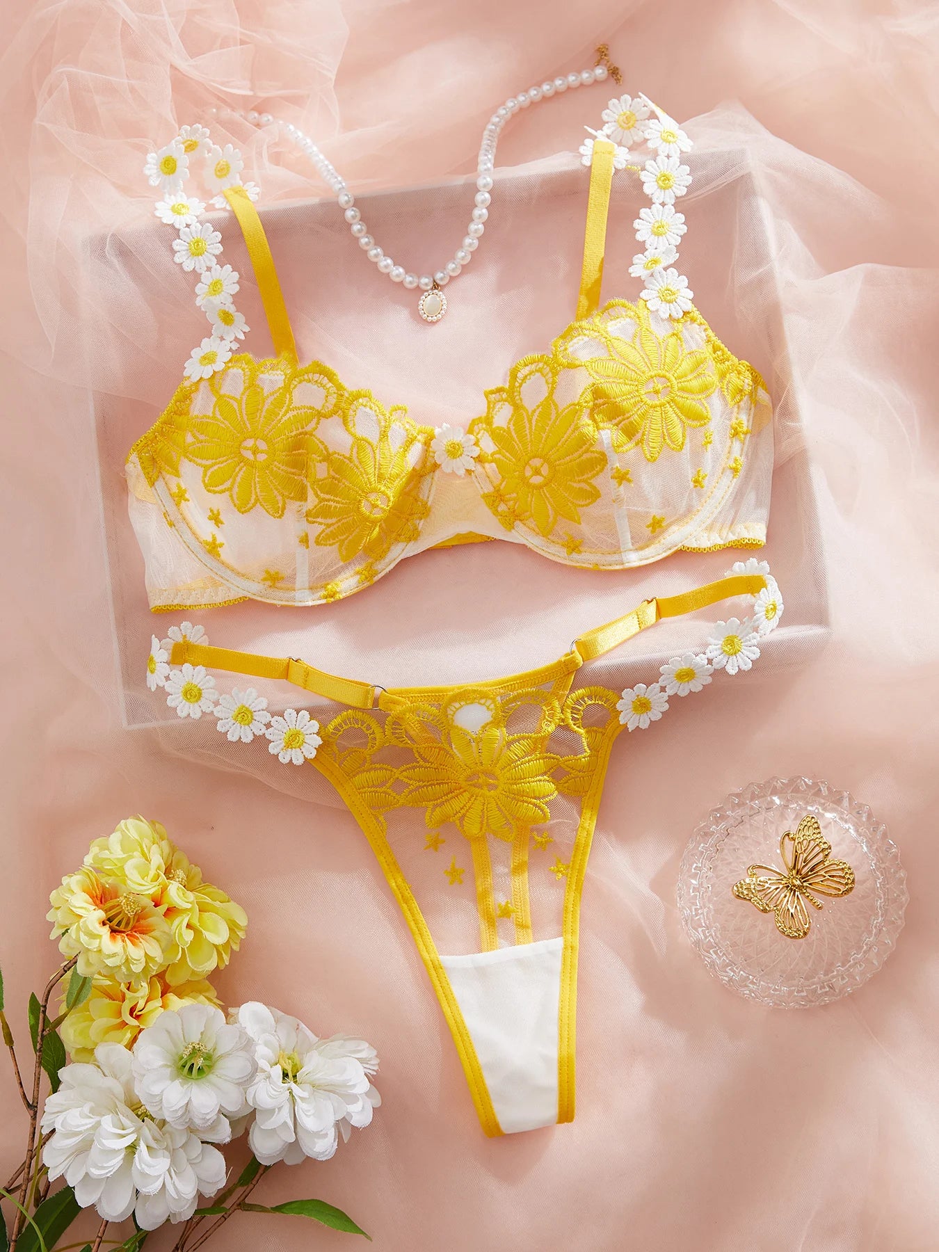 Lingerie beautiful yellow daisy summer semi transparent embroidered underwear, cute and sweet style, adjustable shou