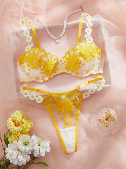 Lingerie beautiful yellow daisy summer semi transparent embroidered underwear, cute and sweet style, adjustable shou