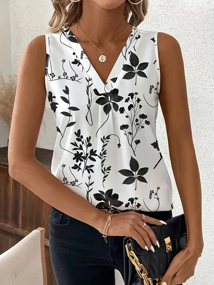 V-neck Vest New Fashion Plant Printed Sleeveless Top Pullover Simple Basic T-shirt