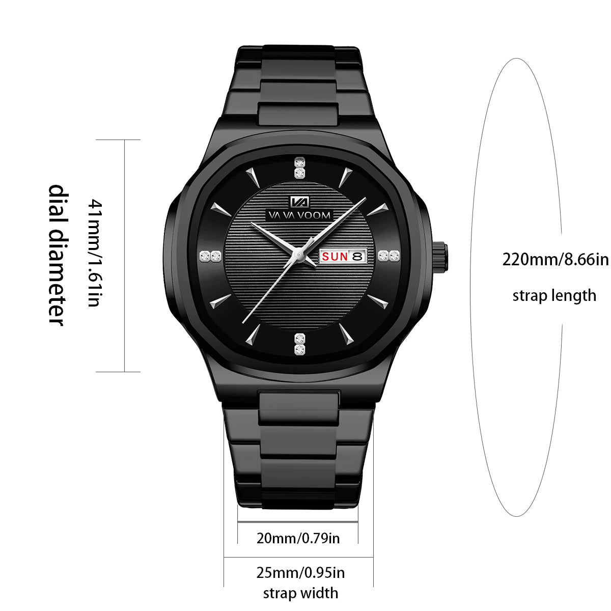 VA VA VOOM Men Watch Fashion Silver Black Stainless Steel 41mm Casual Business Style Week 3Bar Waterproof Sports Quartz Watches