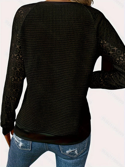Solid Color Lace Long Sleeve Hollow Neck Casual Women's T-Shirt Top