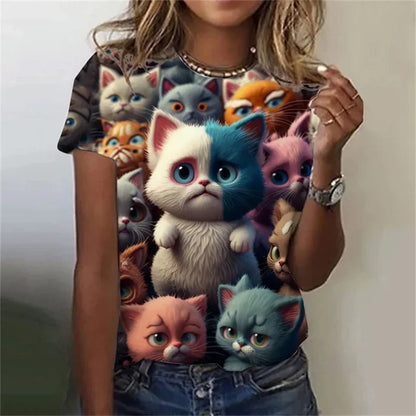 T-shirt 3D Printed Kawaii Cat Pattern Short Sleeved Round neck Top Summer Outdoor Casual Street Simple Clothing