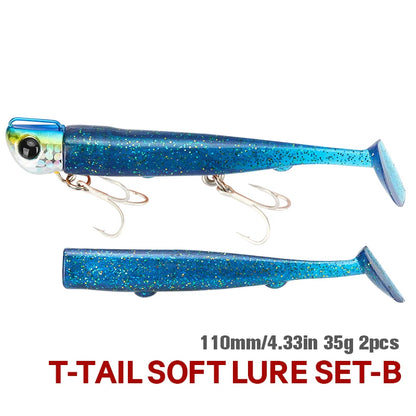 Jig Head Soft Fishing Lure 110mm 35g Long Casting Sea Bass Flounder Soft Body Swimbait Set With Saltwater Treble Hook