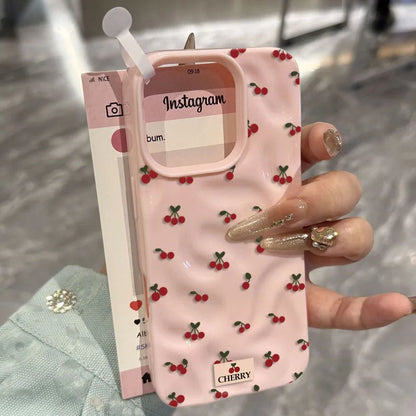 Cute Cherry Folds Texture Phone Case For iPhone 17 16 15 14 13 12 11 Pro Max 16 15 Plus Candy Color Shockproof Soft Back Cover