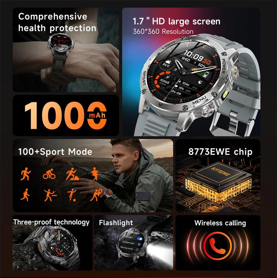 T-REX3 1000mAh Big Battery Smart Watch HD Bluetooth Call 1.7inch Large Sceen LED Flashlight Sports Waterproof Smartwatch Men