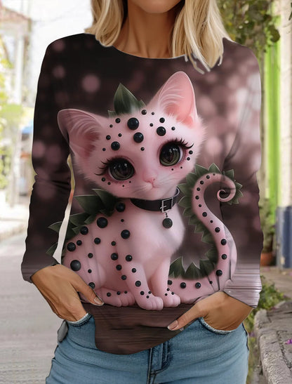 Long Sleeve 3D Printed Kitten Cute Print T-Shirt Women's Streetwear Round Neck Long Sleeve