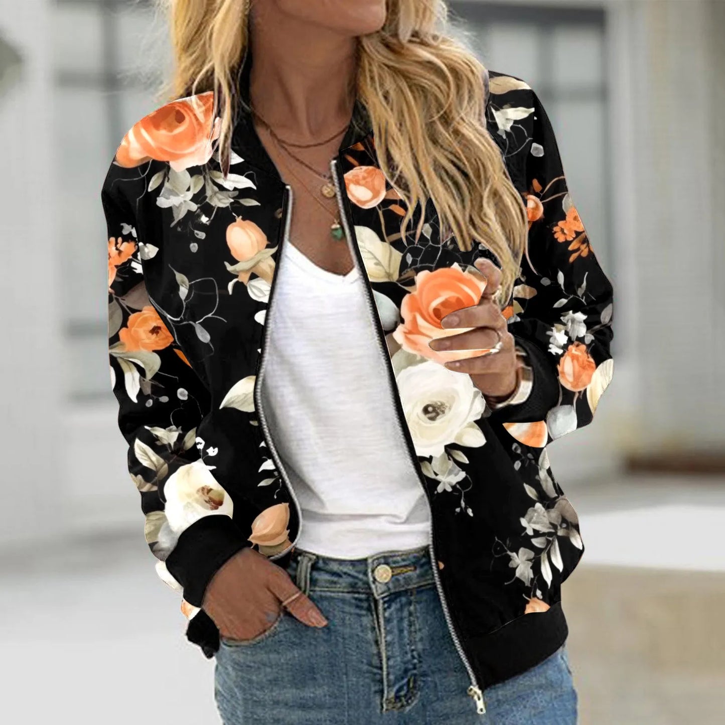 Autumn Bomber Jacket For Women Fashion Flower Print Outwear Stand Collar Zipper Baseball Coat Elegant Slim Basic Ladies Jackets