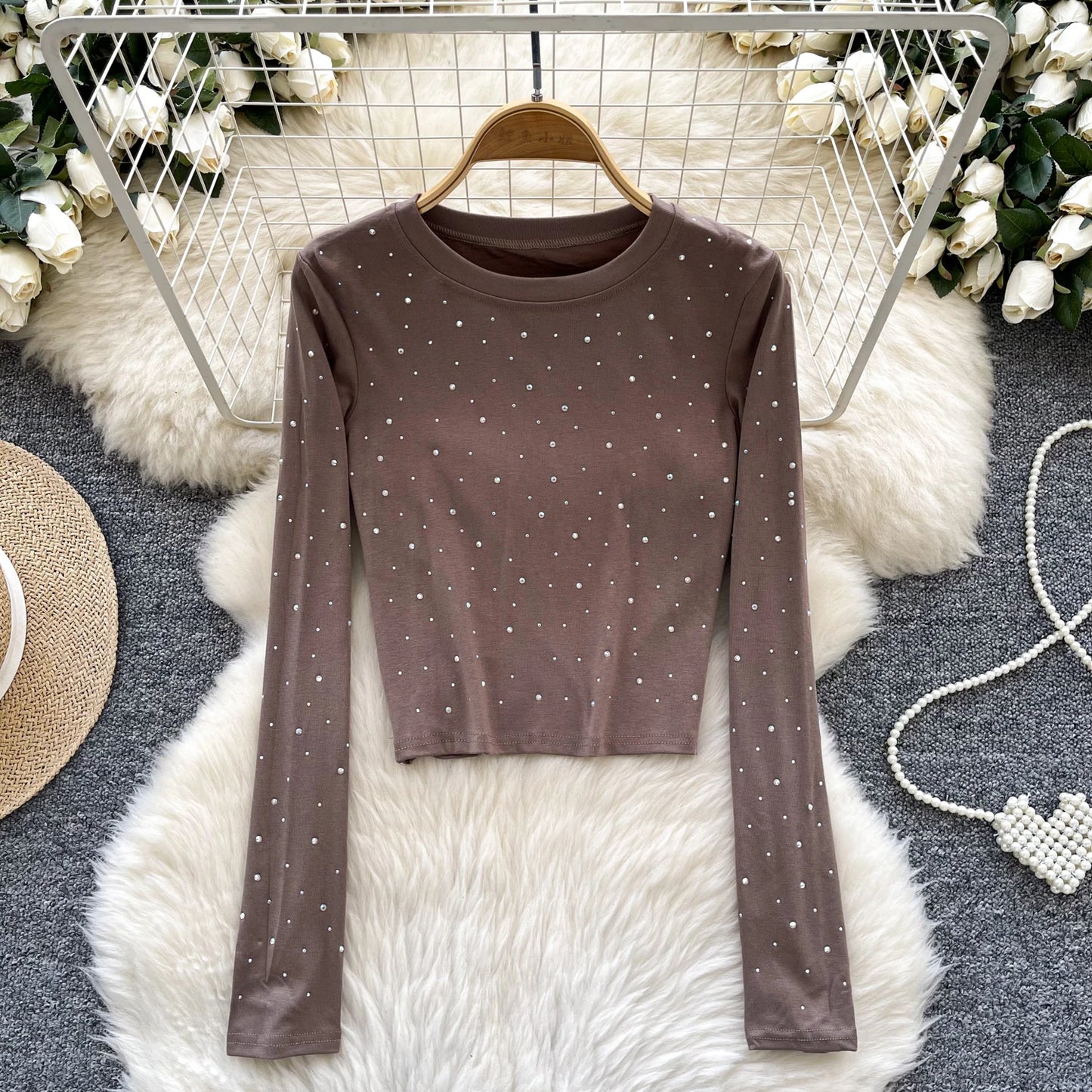 Long Sleeves Hotsweet O-neck Fashion Rhinestone Slim Top French Streetwear Sexy High Street Autumn Winter Women T-Shirts