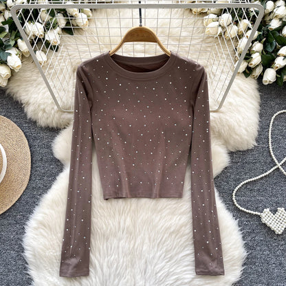 Long Sleeves Hotsweet O-neck Fashion Rhinestone Slim Top French Streetwear Sexy High Street Autumn Winter Women T-Shirts