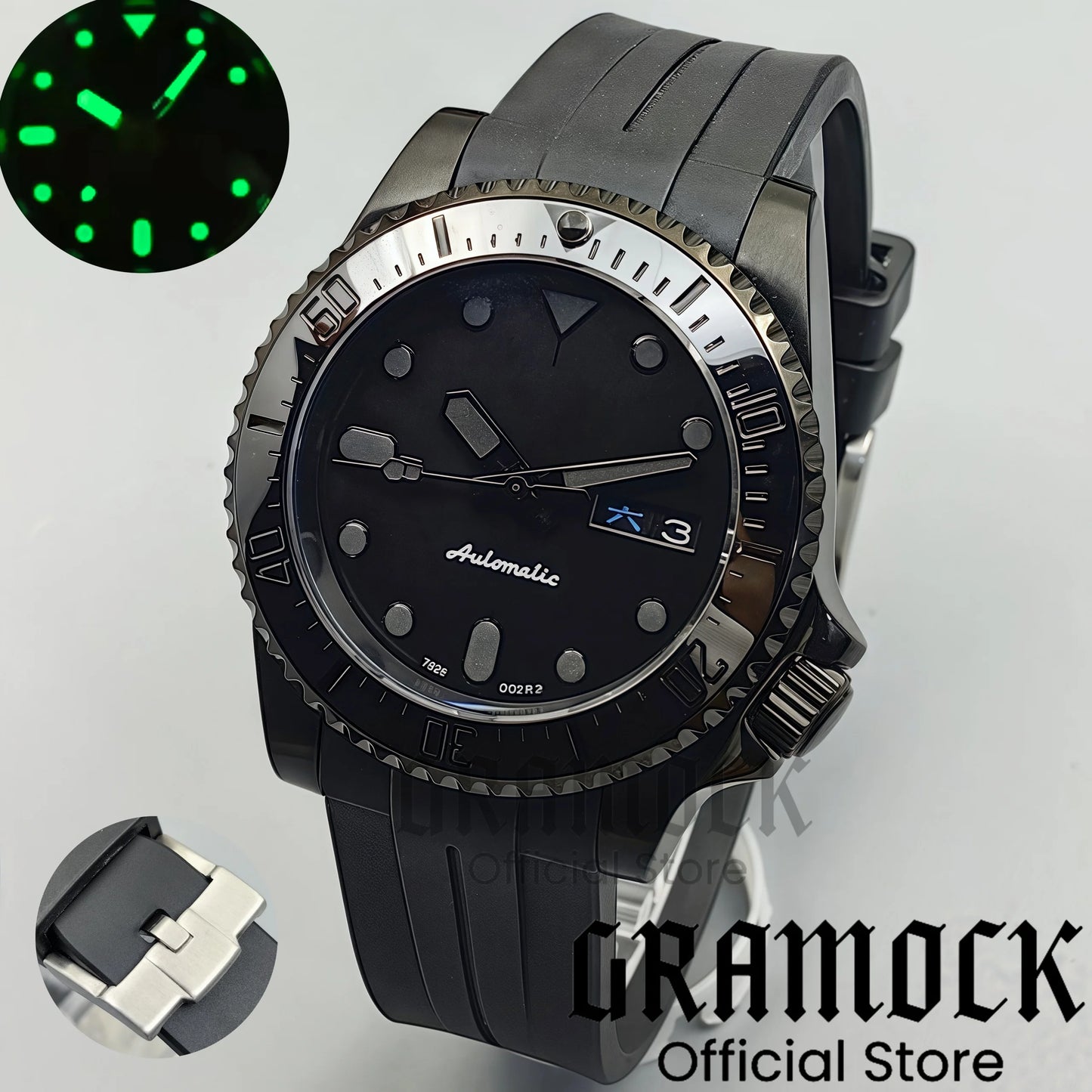 Gramock 40mm Men's Watch NH36 Movement Week-day Display Function Full Black Dial PVD Case Curved End Rubber Strap Waterproof