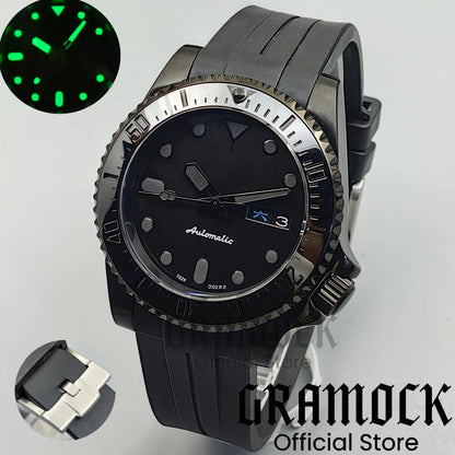 Gramock 40mm Men's Watch NH36 Movement Week-day Display Function Full Black Dial PVD Case Curved End Rubber Strap Waterproof