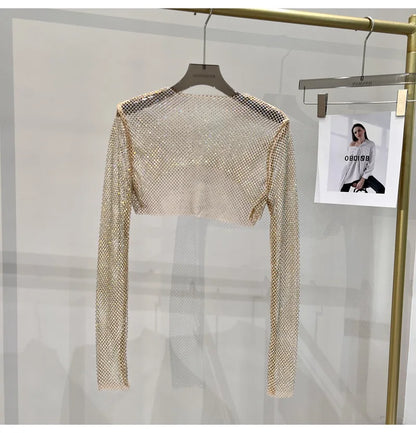 Bright diamond short top Slim thin Ms. hot drill long-sleeved T-shirt sexy leak waist nightclub