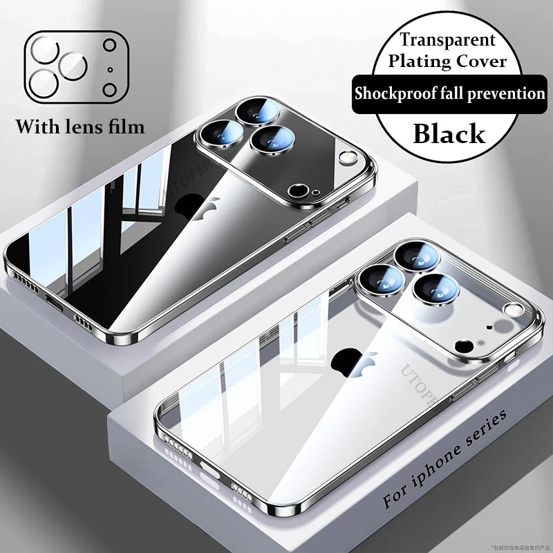 Plating Transparent with Lens Film Case for iPhone 17 Air 17 16 15 14 13 12 11 Pro Max Plus Anti-fall Damping Cover