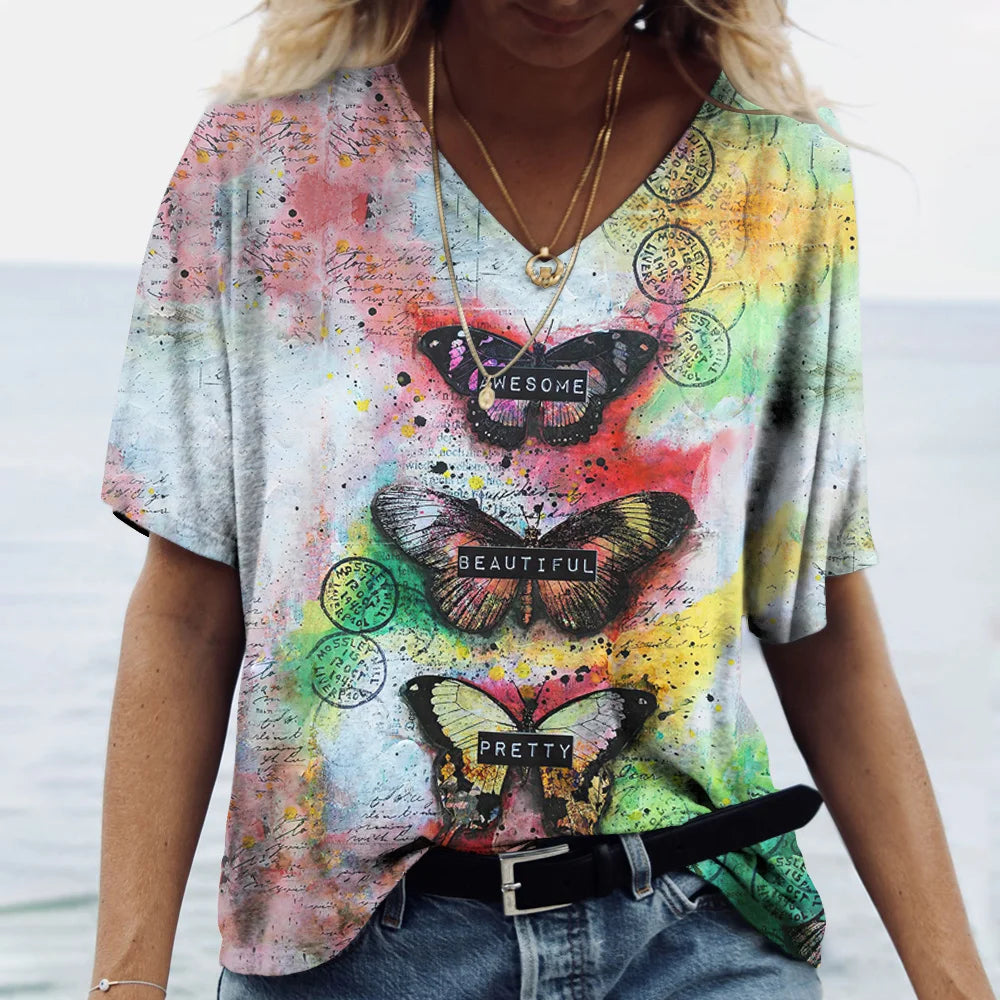 Summer Women's T-Shirt Vintage Casual Fashion V Neck Pullover Short Sleeve Butterfly Print Loose Daily Tops Design Clothing
